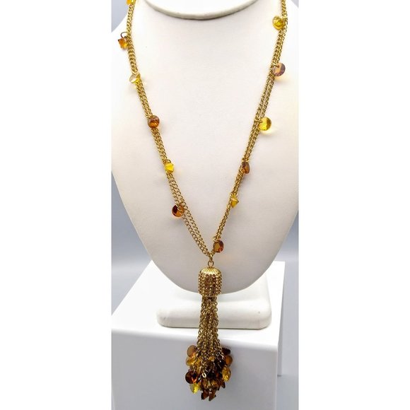 Vintage Autumn Tassel Pendant Necklace, Shades of Amber Rivoli Lucite Beads - Picture 2 of 6